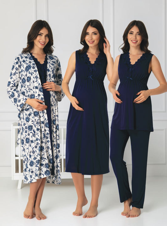 Navy 4-piece maternity set by Mini Plum, floral robe 4-piece – nursing & breastfeeding nightwear, postpartum, hospital bag ready