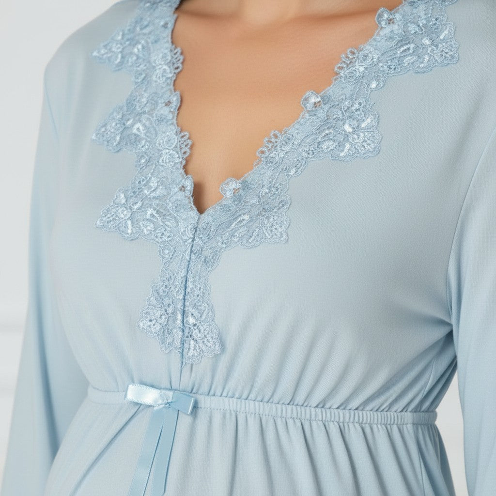 Blue maternity nightie by Mini Plum – nursing maternity nightwear, breastfeeding button-down, hospital bag & baby shower gift