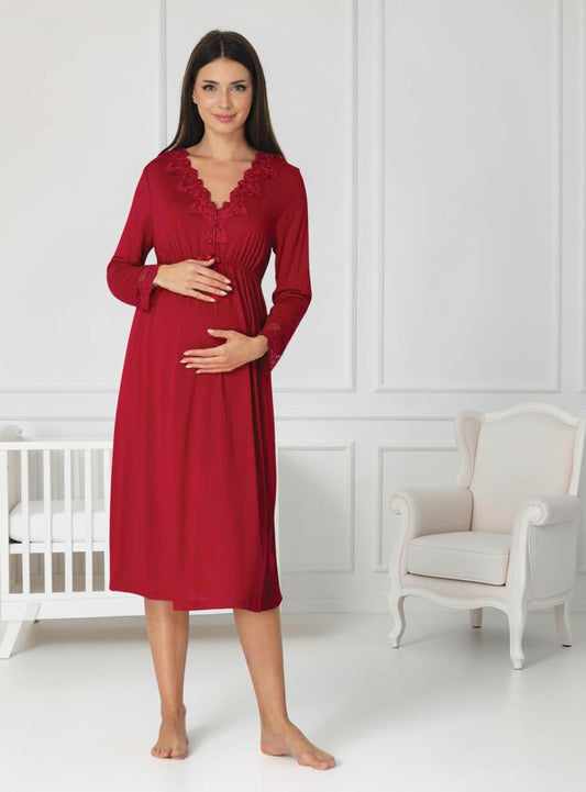 Cherry Red maternity nightie by Mini Plum, long sleeve lace nightie – nursing & breastfeeding nightwear, postpartum, hospital bag ready