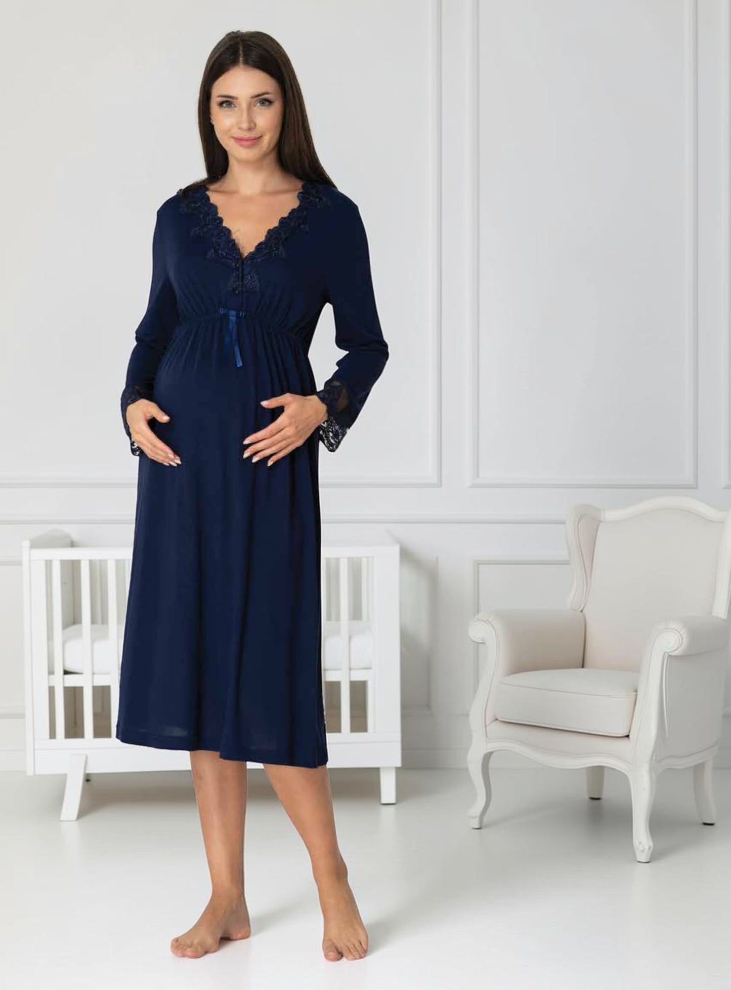 Navy maternity nightie by Mini Plum, long sleeve lace nightie – nursing & breastfeeding nightwear, postpartum, hospital bag ready
