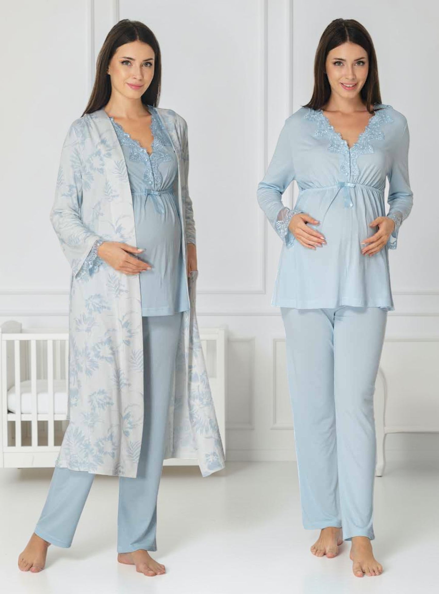 Blue maternity pyjama & robe set by Mini Plum – nursing maternity nightwear, breastfeeding button-down, hospital bag & baby shower gift