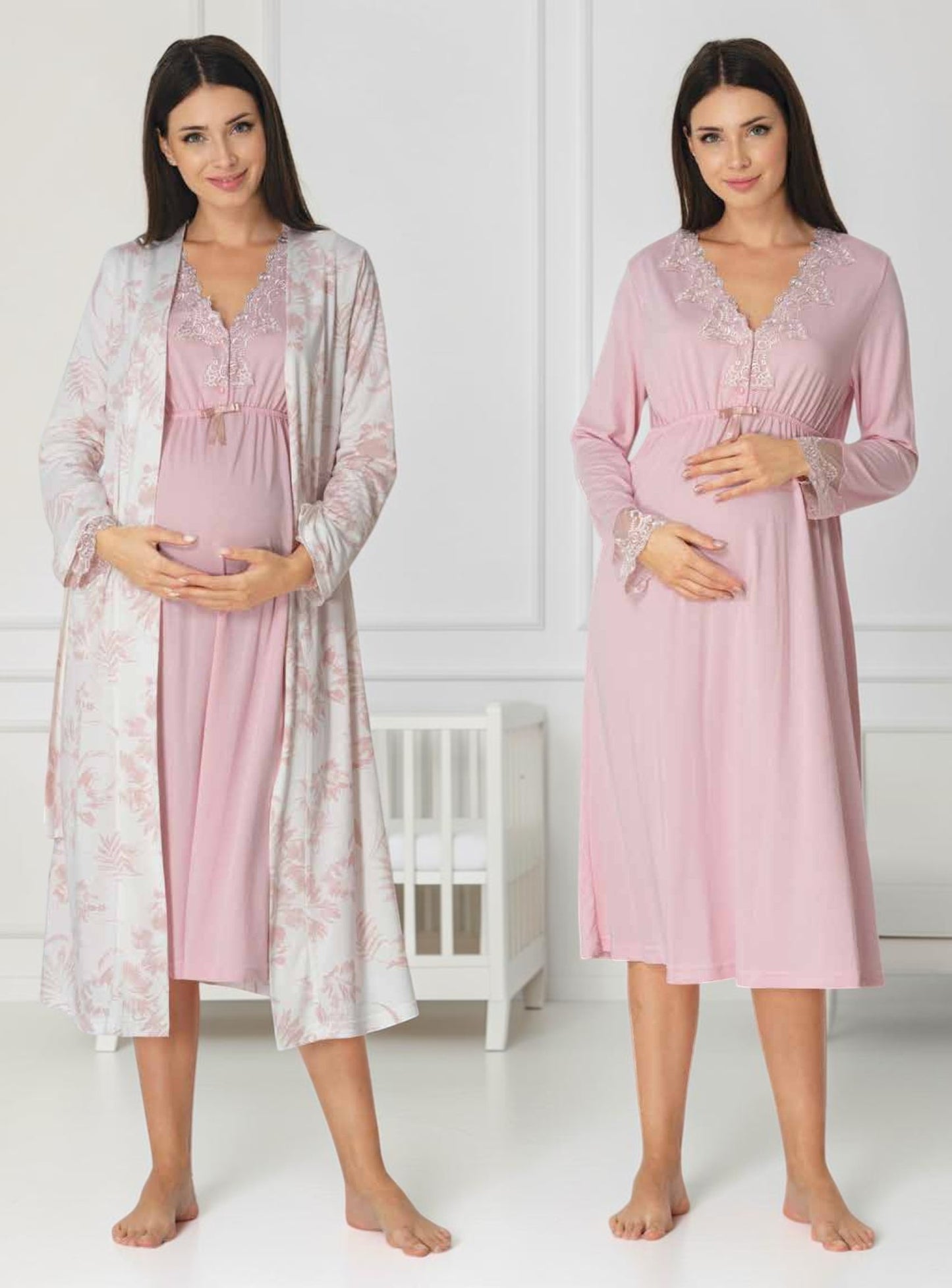 Light Pink maternity nightie and robe set by Mini Plum – nursing maternity nightwear, breastfeeding button-down, hospital bag & baby shower gift