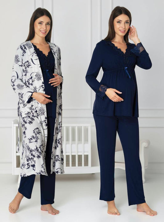 Navy maternity nightie and robe set by Mini Plum, floral robe lace nightie – nursing & breastfeeding nightwear, postpartum, hospital bag ready