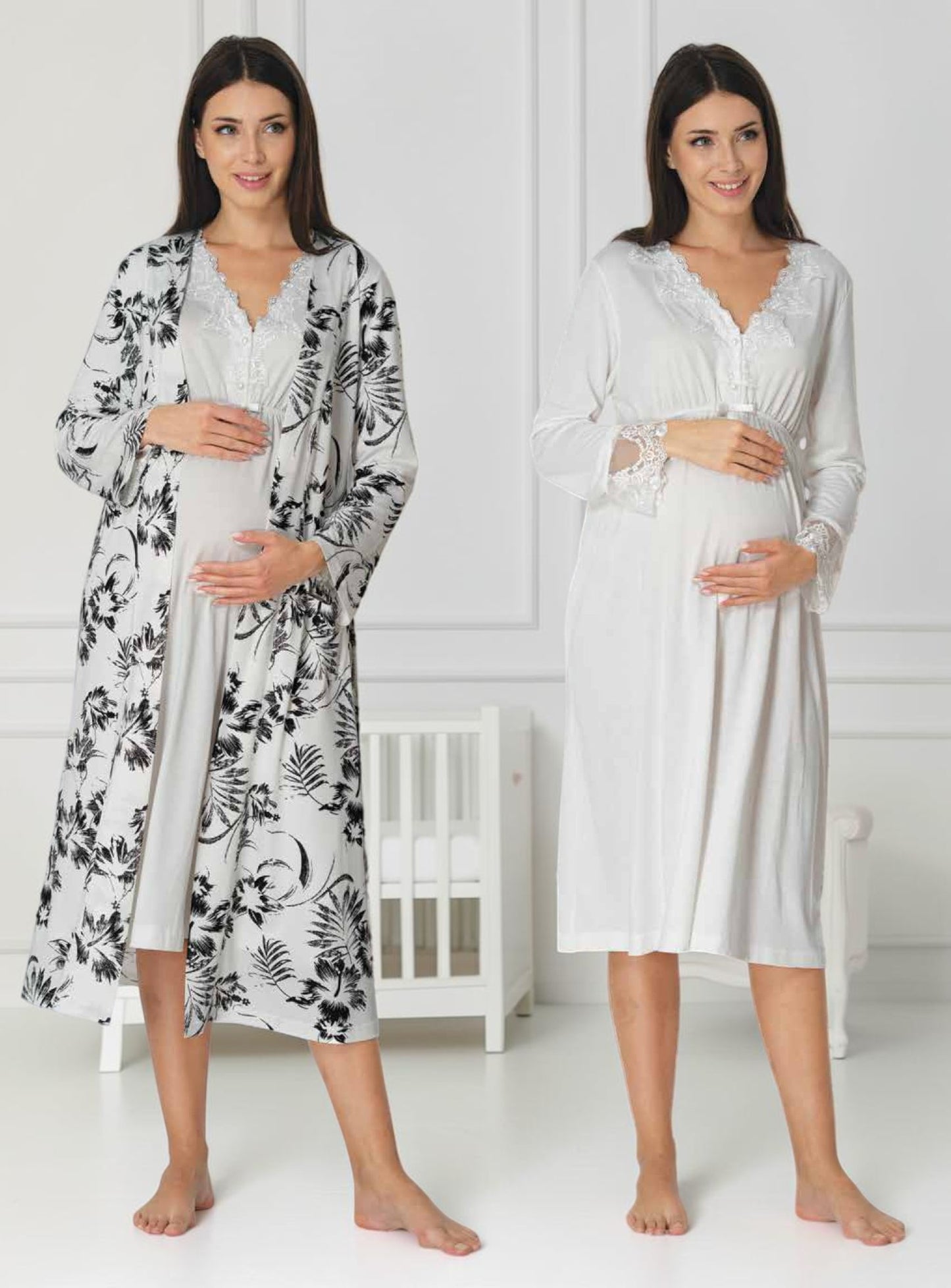 White maternity nightie and robe set by Mini Plum – nursing maternity nightwear, breastfeeding button-down, hospital bag & baby shower gift