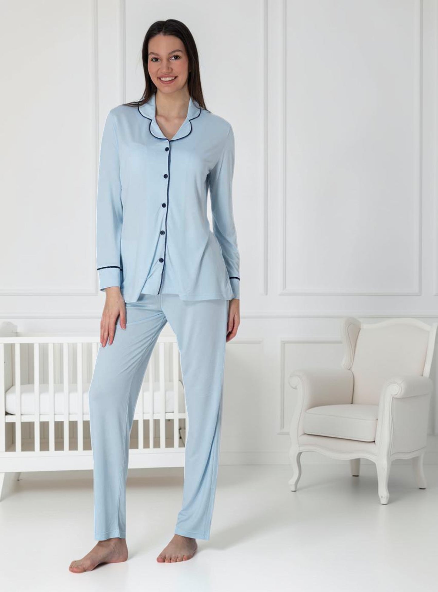 Blue maternity pyjamas by Mini Plum – long-sleeve nursing nightwear with shirt collar, breastfeeding-friendly, hospital bag ready