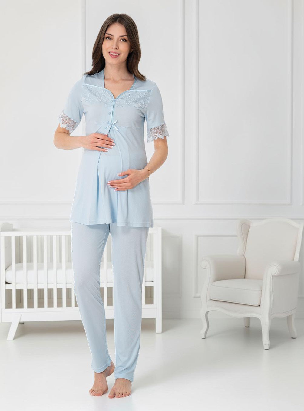 Blue maternity pyjamas by Mini Plum – short-sleeve nursing nightwear with square neck, breastfeeding-friendly, hospital bag ready