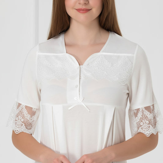 White maternity nightdress by Mini Plum – lace detail and square neck, maternity & nursing