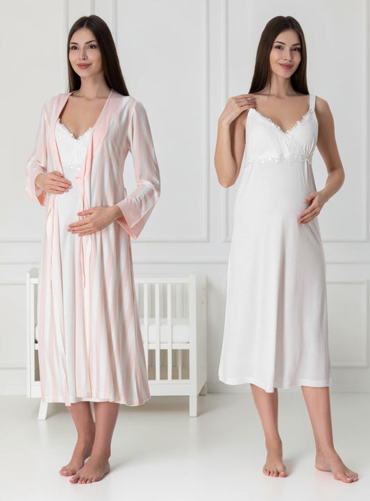 Salmon nightie & robe set by Mini Plum – lace detail and sweetheart neckline, maternity & nursing