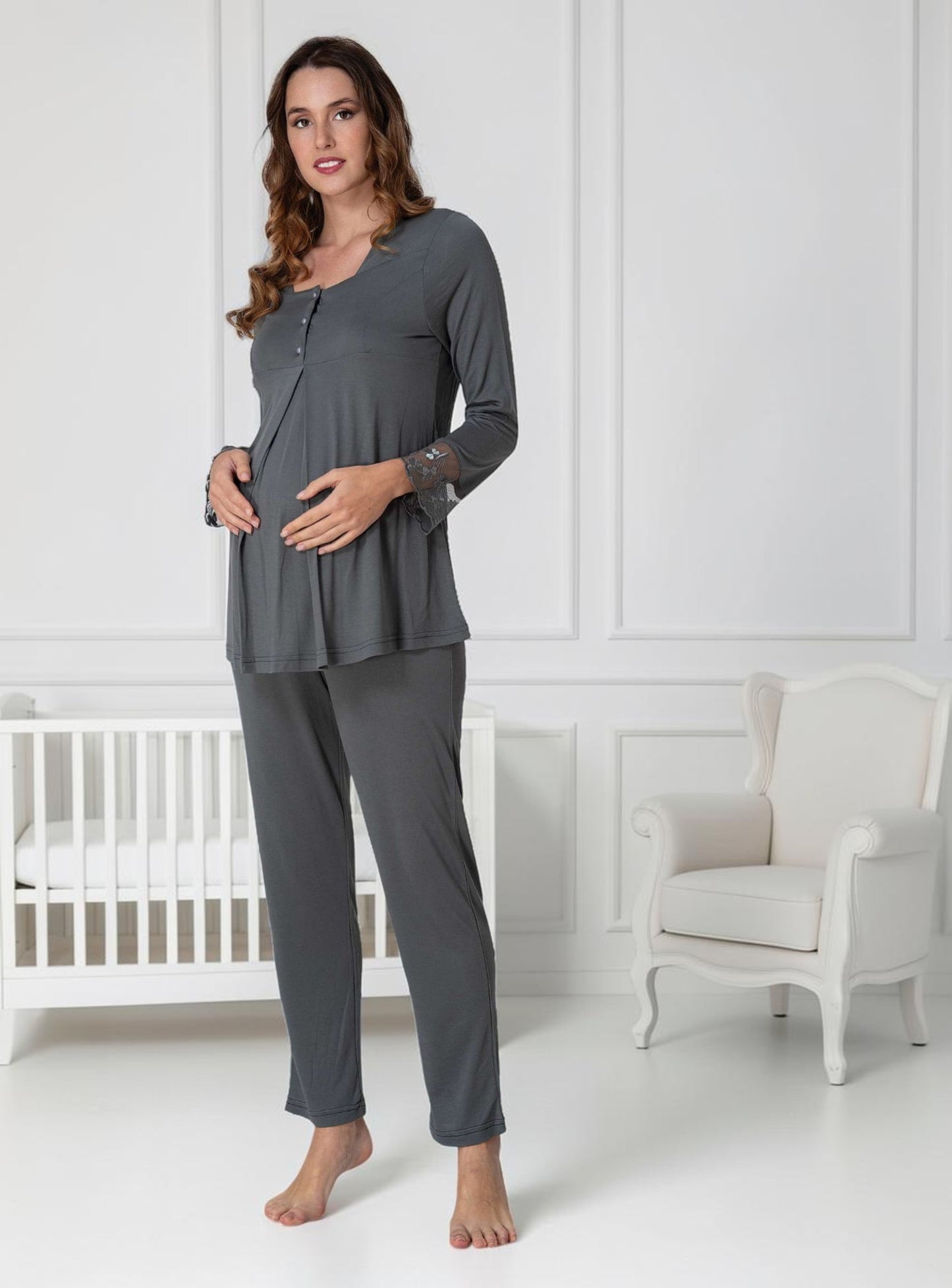 Grey maternity pyjamas by Mini Plum – long-sleeve nursing nightwear with square neck, breastfeeding-friendly, hospital bag ready