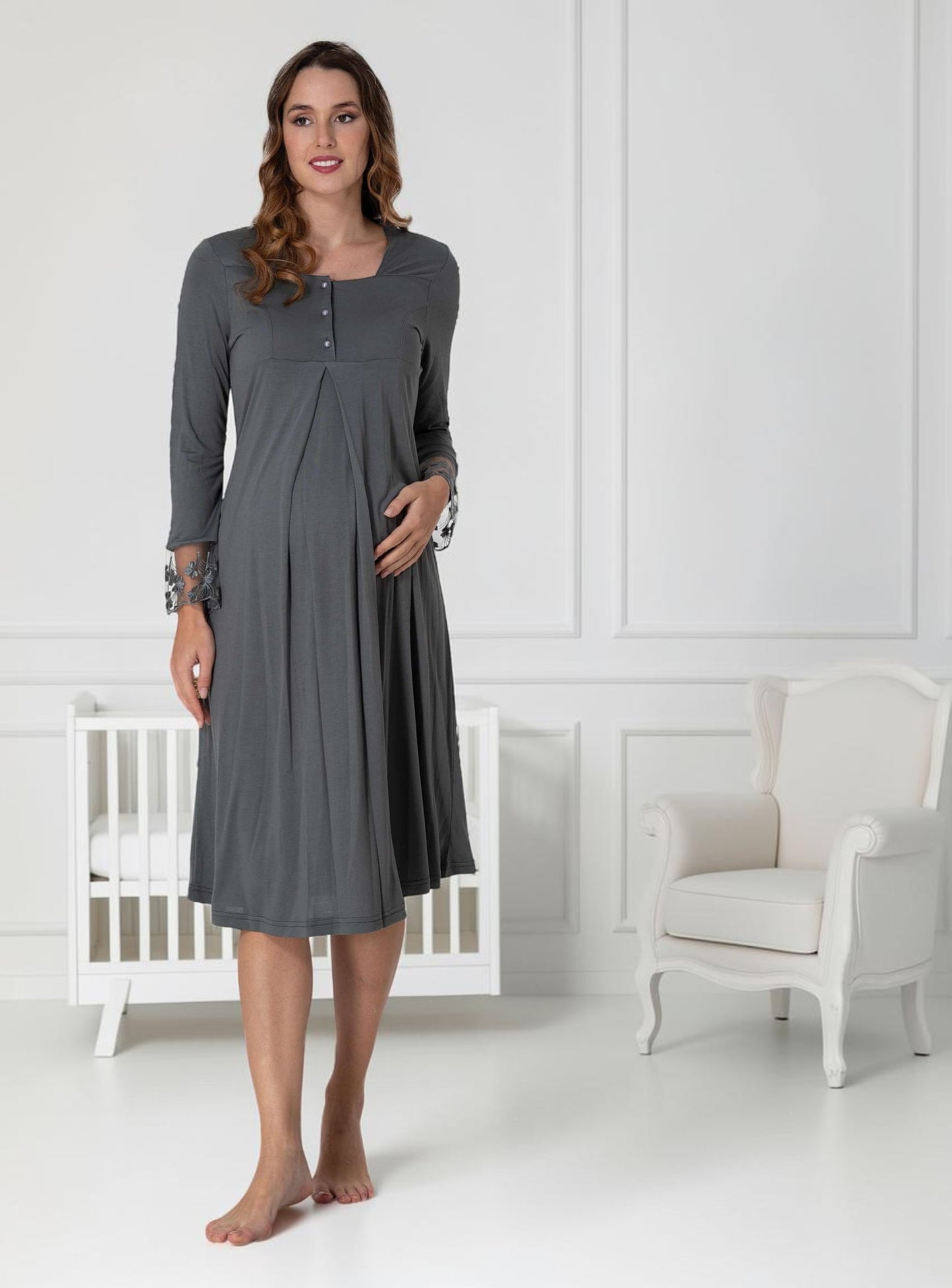Grey maternity nightdress by Mini Plum – long-sleeve nursing nightwear with square neck, breastfeeding-friendly, hospital bag ready
