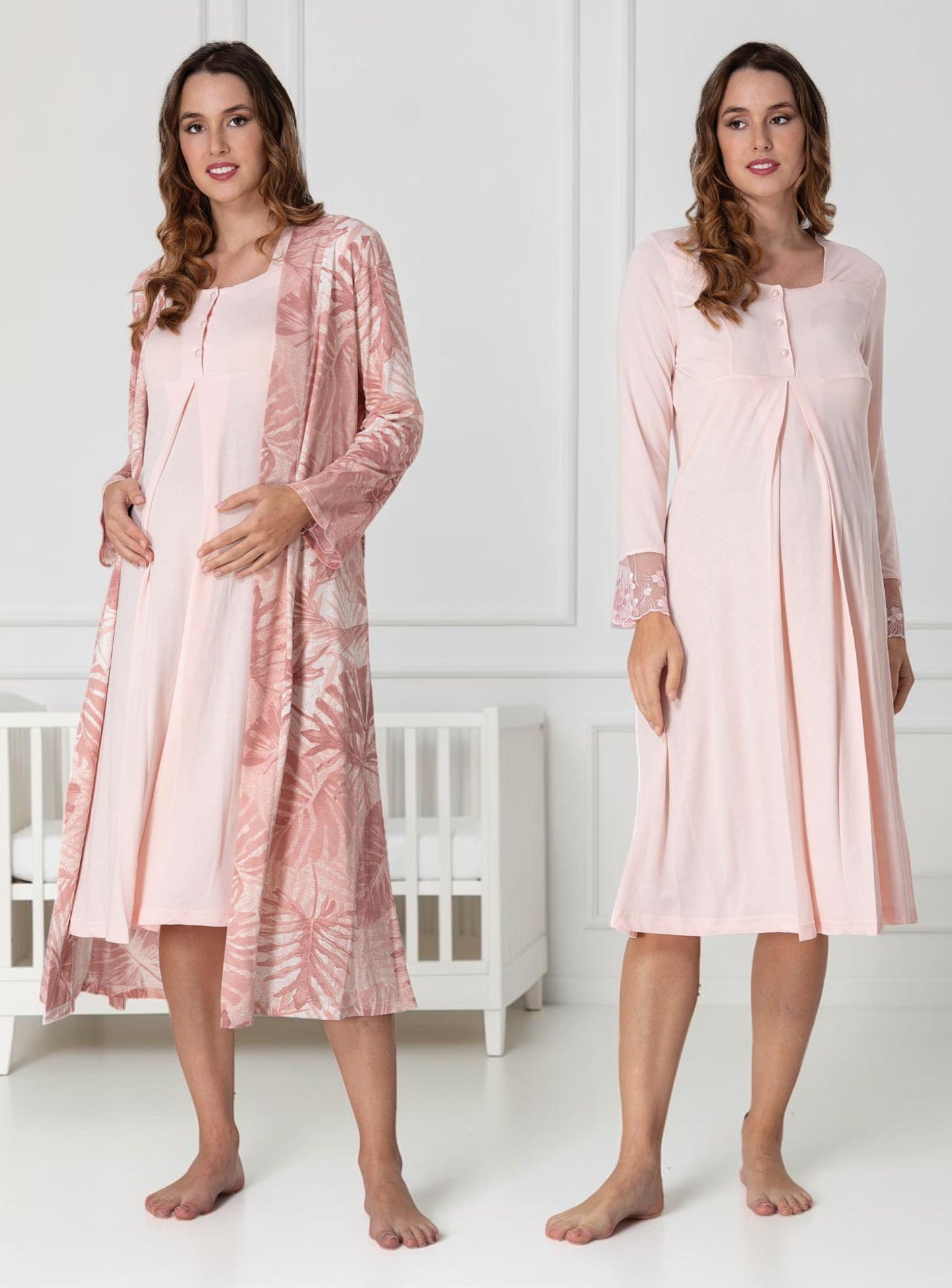 Salmon nightie & robe set by Mini Plum – long-sleeve nursing nightwear with square neck, breastfeeding-friendly, hospital bag ready