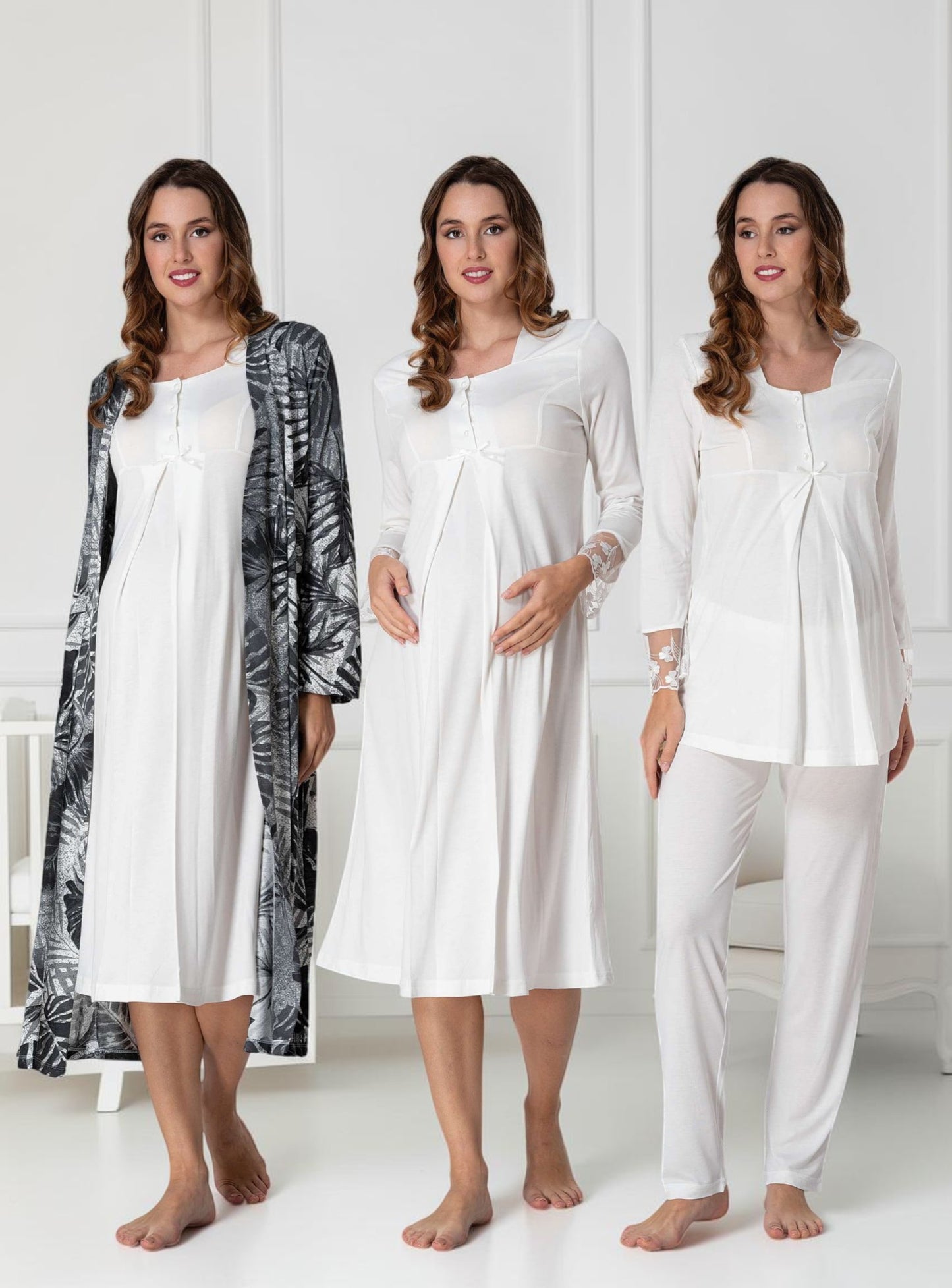 White 4-piece maternity set by Mini Plum – long-sleeve nursing nightwear with square neck, breastfeeding-friendly, hospital bag ready