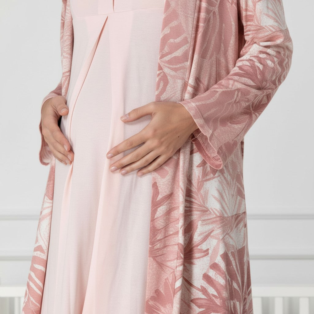 Pink nightie & robe set by Mini Plum – leaf print and square neck, maternity & nursing