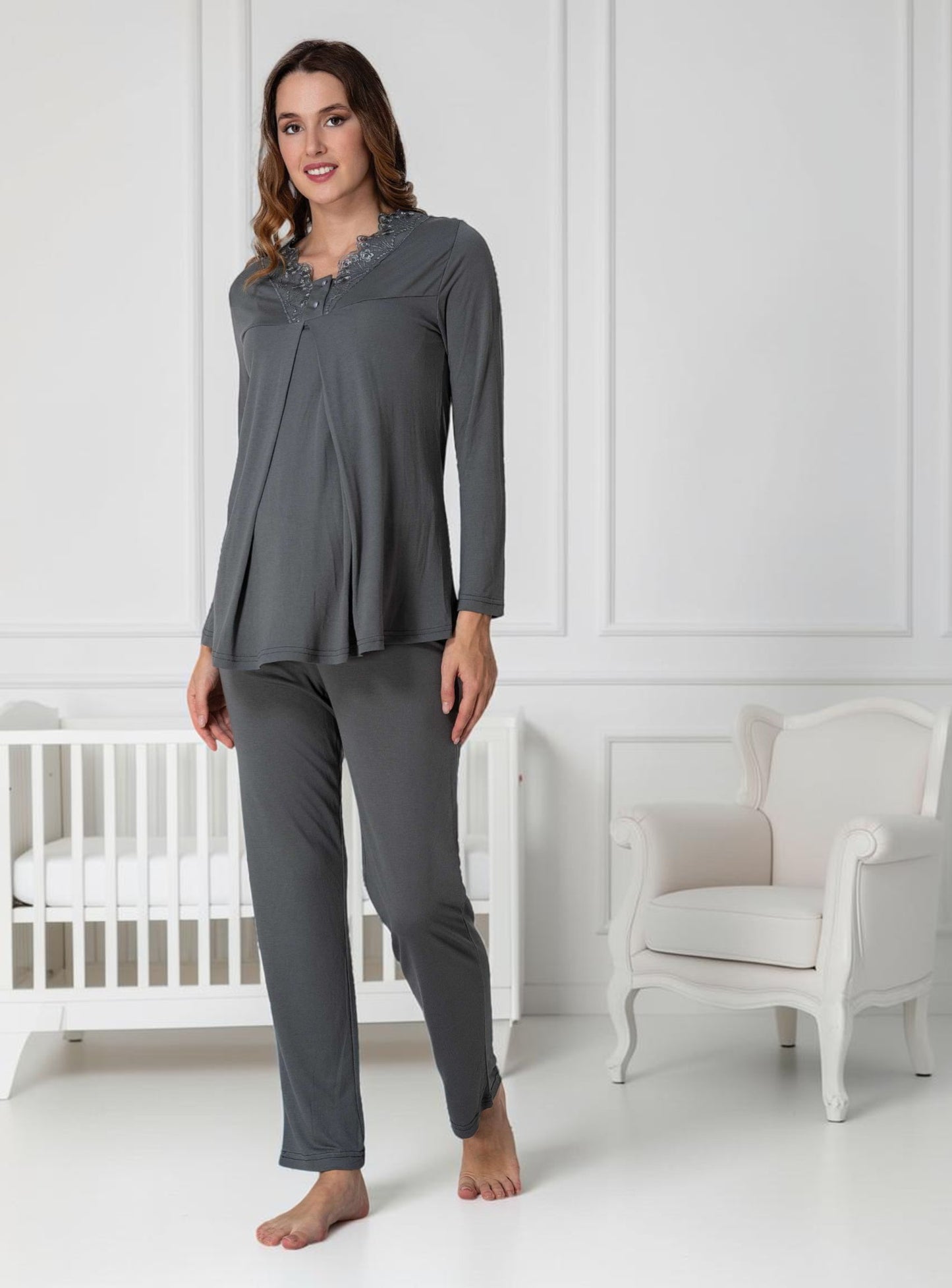 Grey maternity pyjamas by Mini Plum – lace detail and V-neck, maternity & nursing