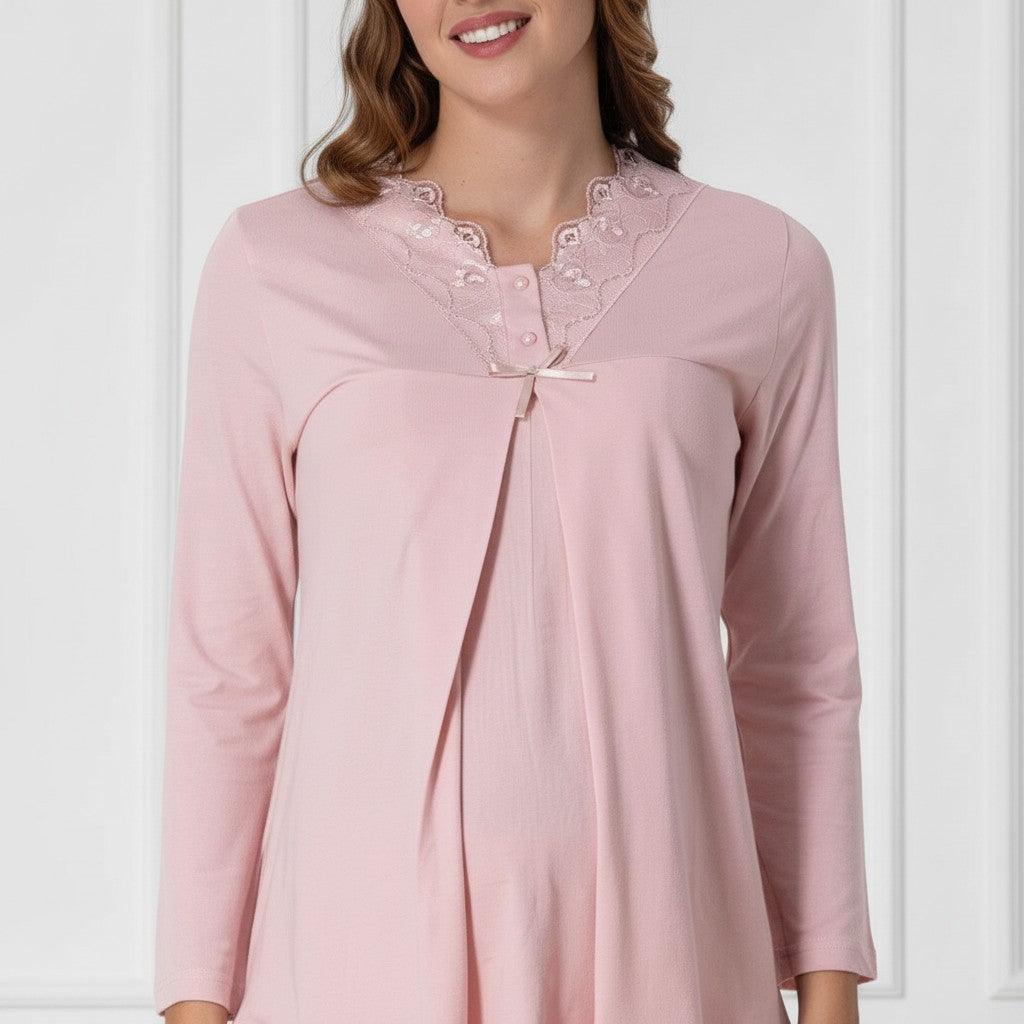 Pink maternity pyjamas by Mini Plum – lace detail and V-neck, maternity & nursing