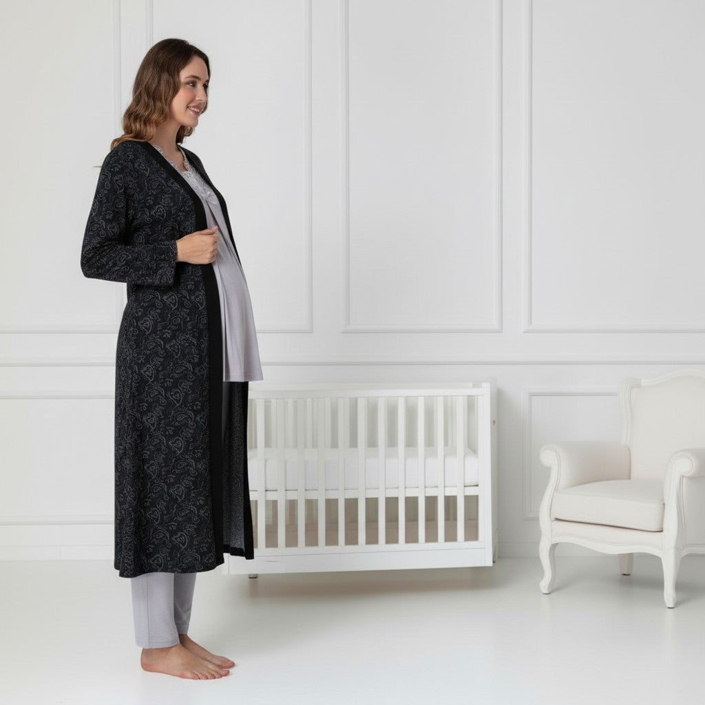 Black pyjama & robe set by Mini Plum – paisley print and V-neck, maternity & nursing