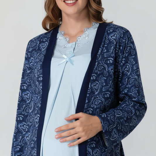 Navy pyjama & robe set by Mini Plum – paisley print and V-neck, maternity & nursing