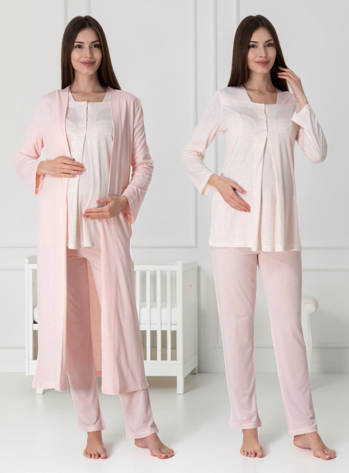 Pink maternity pyjama & robe set by Mini Plum – nursing maternity nightwear, breastfeeding button-down, hospital bag & baby shower gift