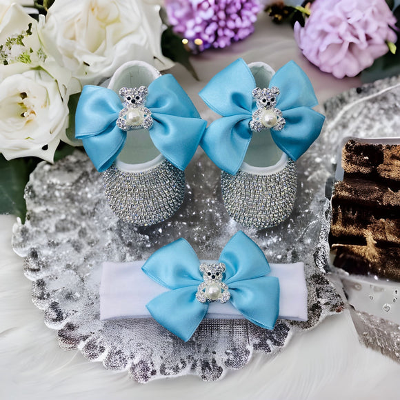 blue baby girl shoes with bling teddy bear 
