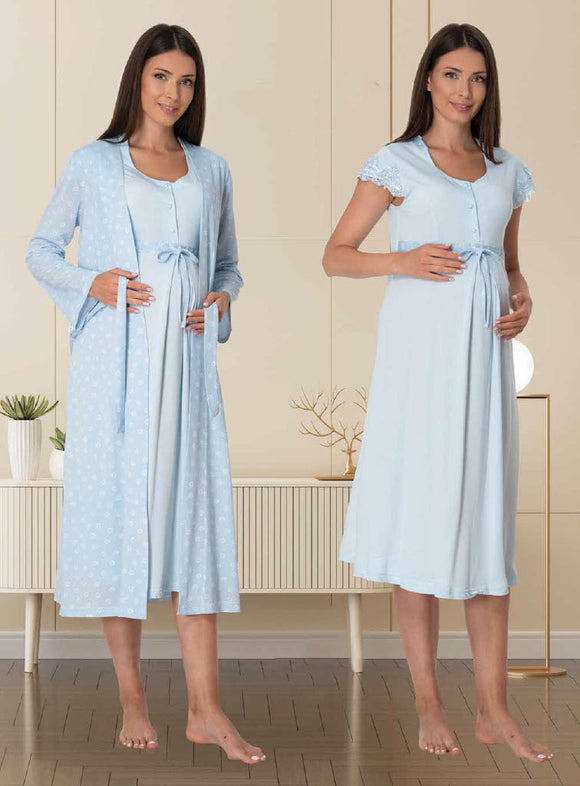 Maternity nursing nightdress and robe blue short sleeves