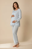 Blue maternity pyjamas by Mini Plum – lace neckline & button-front nursing detail, cotton modal