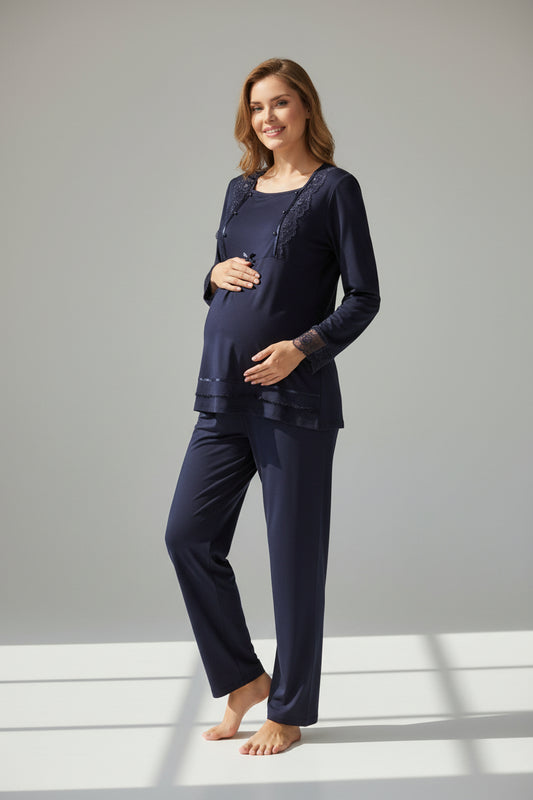 Navy maternity pyjamas by Mini Plum – long-sleeve nursing nightwear with scoop neck, breastfeeding-friendly, hospital bag ready