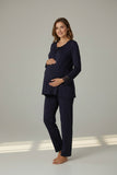 Navy maternity pyjamas by Mini Plum – lace neckline & button-front nursing detail, cotton modal