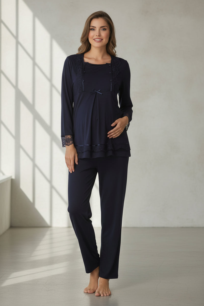 Navy maternity pyjamas by Mini Plum – long-sleeve bump-friendly fit, side view