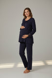 Navy maternity pyjamas by Mini Plum – long-sleeve breastfeeding nightwear, fabric detail