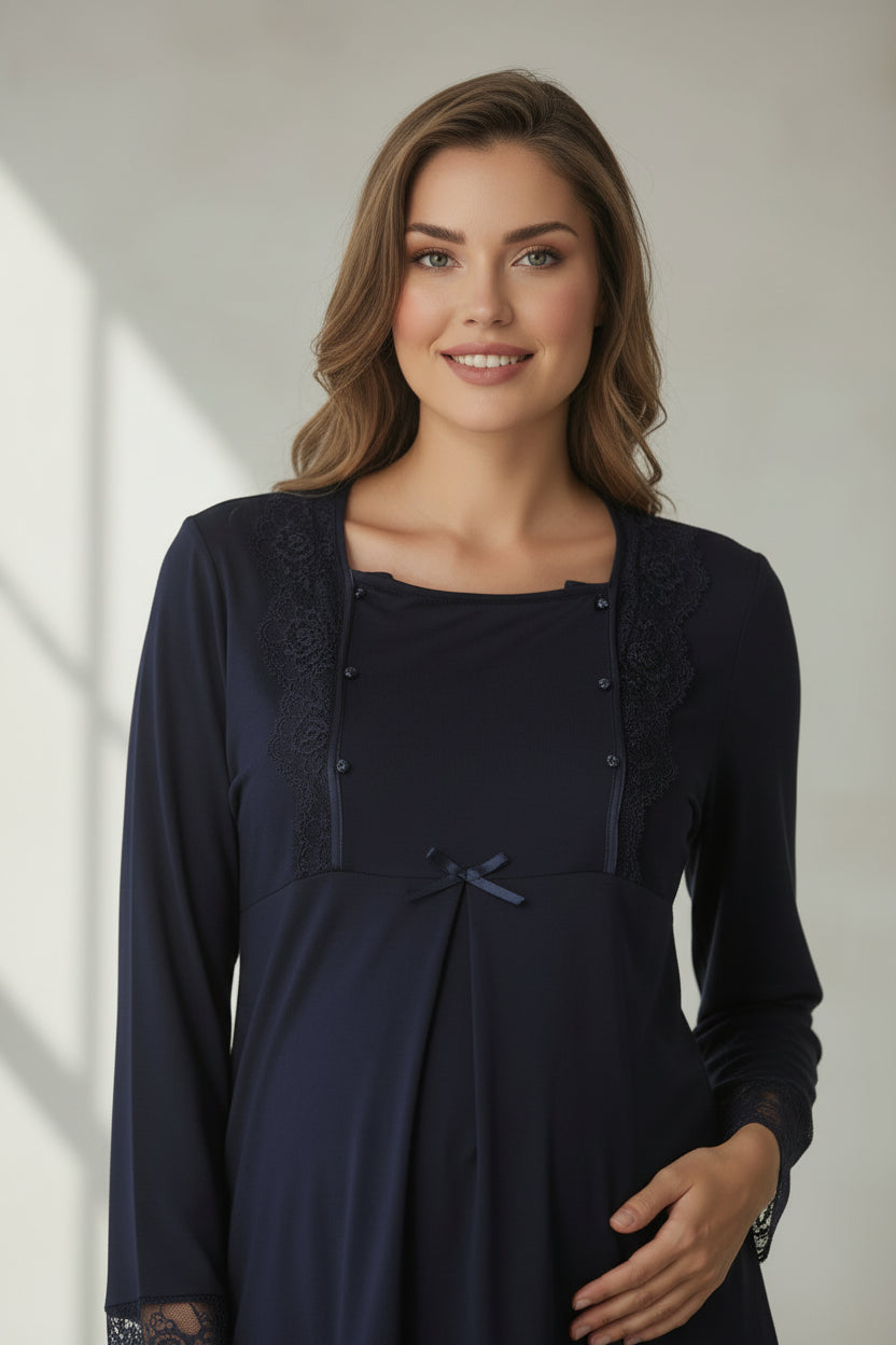 Navy maternity pyjamas by Mini Plum – full styling view, long-sleeve breastfeeding nightwear