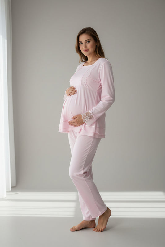 Pink maternity pyjamas by Mini Plum – long-sleeve nursing nightwear with scoop neck, breastfeeding-friendly, hospital bag ready