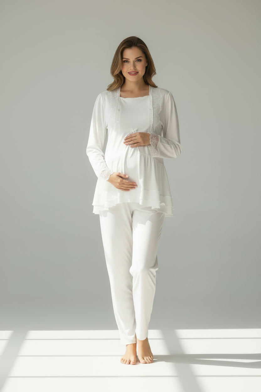 White maternity pyjamas by Mini Plum – lace detail and scoop neck, maternity & nursing