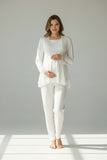 White maternity pyjamas by Mini Plum – lace neckline & button-front nursing detail, cotton modal