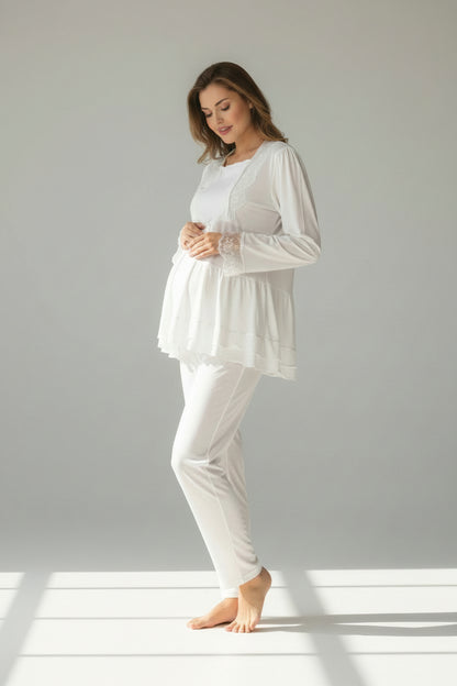White maternity pyjamas by Mini Plum – long-sleeve bump-friendly fit, side view