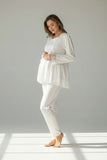 White maternity pyjamas by Mini Plum – side view, bump-friendly fit for pregnancy & postpartum