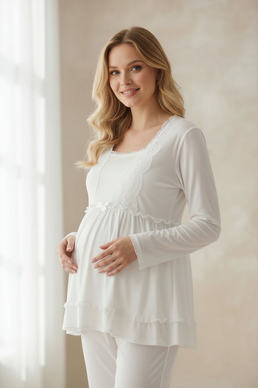 White maternity pyjamas by Mini Plum – close-up of lace detail, soft cotton-modal fabric