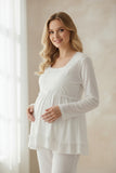 White maternity pyjamas by Mini Plum – long-sleeve breastfeeding nightwear, fabric detail
