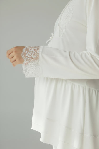 White maternity pyjamas by Mini Plum – full styling view, long-sleeve breastfeeding nightwear