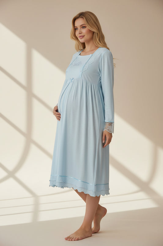 Blue maternity nightdress by Mini Plum – long-sleeve nursing nightwear with square neck, breastfeeding-friendly, hospital bag ready