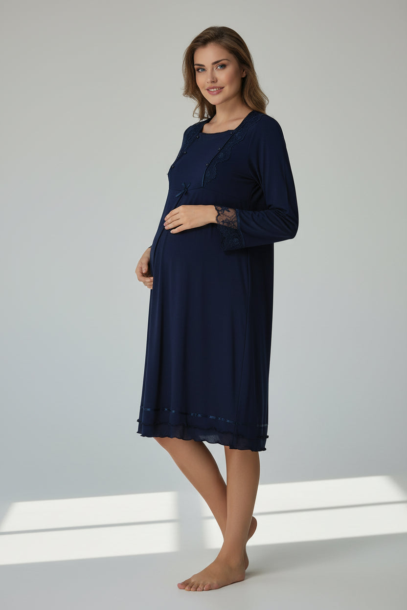 Navy maternity nightdress by Mini Plum – long-sleeve nursing nightwear with square neck, breastfeeding-friendly, hospital bag ready