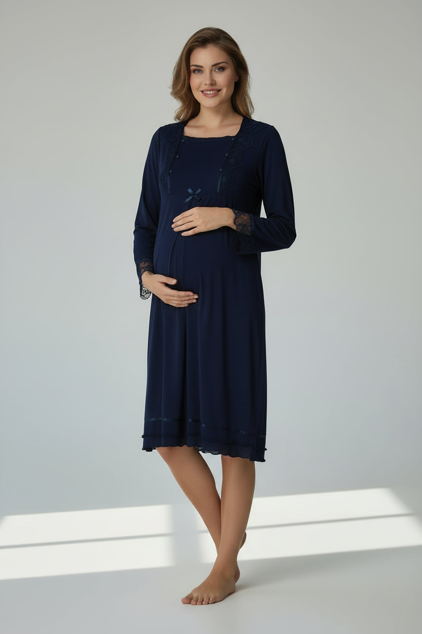 Navy maternity nightdress by Mini Plum – lace detail and square neck, maternity & nursing