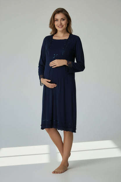 Navy maternity nightdress by Mini Plum – lace detail and square neck, maternity & nursing