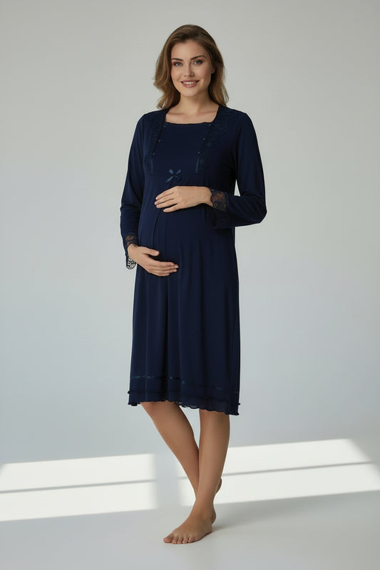 Navy maternity nightdress by Mini Plum – lace detail and square neck, maternity & nursing