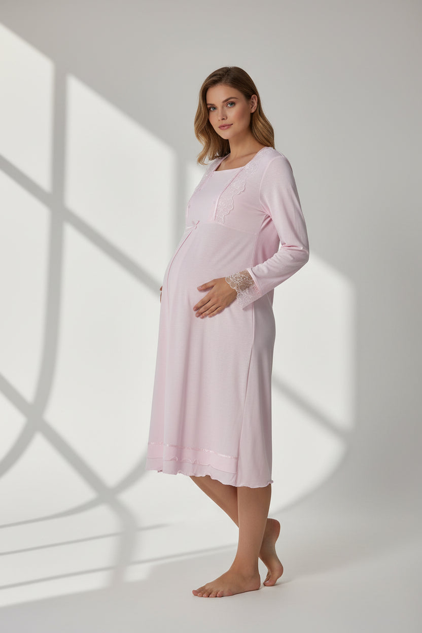 Pink maternity nightdress by Mini Plum – long-sleeve nursing nightwear with square neck, breastfeeding-friendly, hospital bag ready