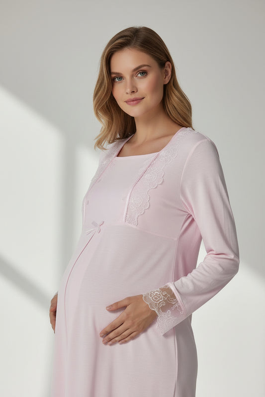 Pink maternity nightdress by Mini Plum – lace detail and square neck, maternity & nursing