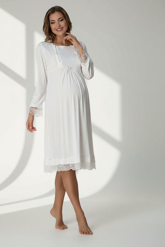 White maternity nightdress by Mini Plum – long-sleeve nursing nightwear with square neck, breastfeeding-friendly, hospital bag ready