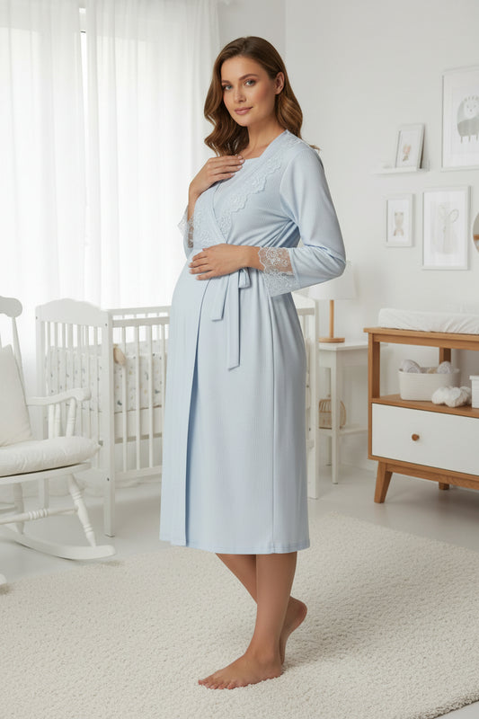 Blue nightie & robe set by Mini Plum – long-sleeve nursing nightwear with wrap, breastfeeding-friendly, hospital bag ready