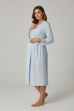 Blue maternity robe by Mini Plum – lace neckline & button-front nursing detail, cotton modal