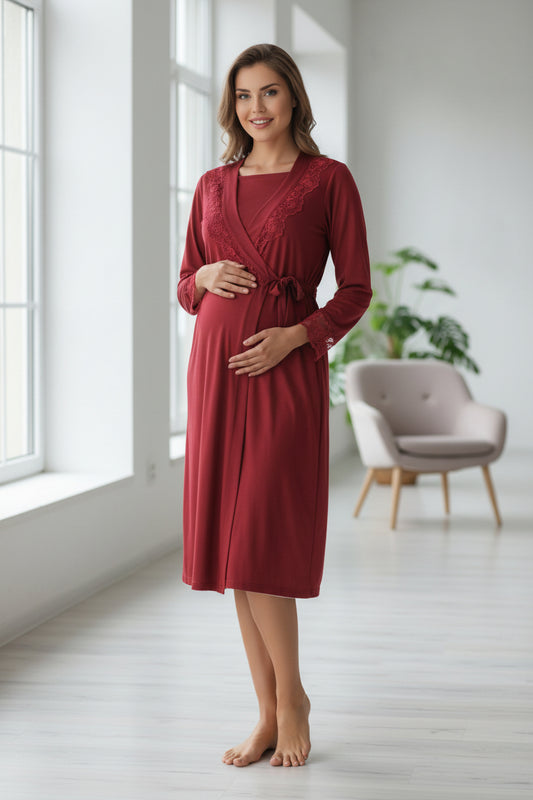 Cherry Red nightie & robe set by Mini Plum – long-sleeve nursing nightwear with wrap, breastfeeding-friendly, hospital bag ready