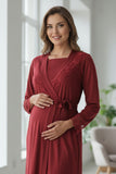 Cherry Red maternity robe by Mini Plum – lace neckline & button-front nursing detail, cotton modal